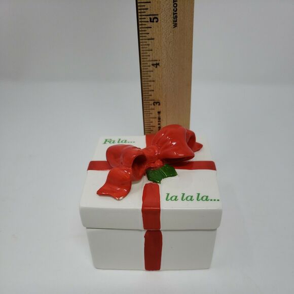 Fitz and Floyd Christmas Trinket Gift Box Bow Fa La La La La Red Green Vintage - Picture 9 of 9